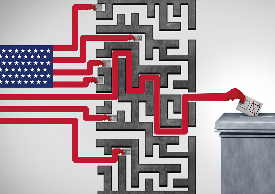 Illustration of flag stripes going through a maze to place a vote
