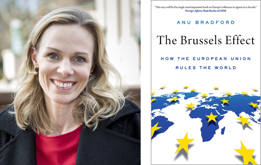 Professor Anu Bradford Headshot and The Brussels Effect: How the European Union Rules the World book cover