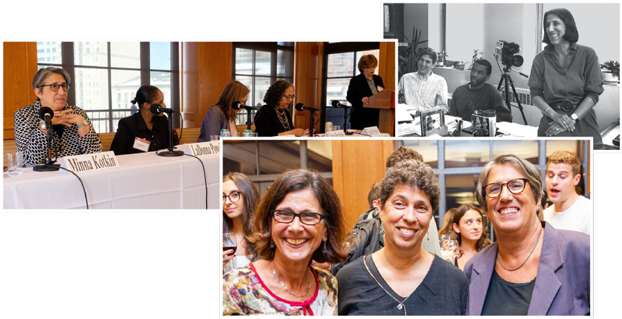 Clockwise from top left: Kotkin as a panelist at the 2018 Sparer Forum, with clinic students circa 1980s, with Professors Stacy Caplow and Susan Herman in 2018