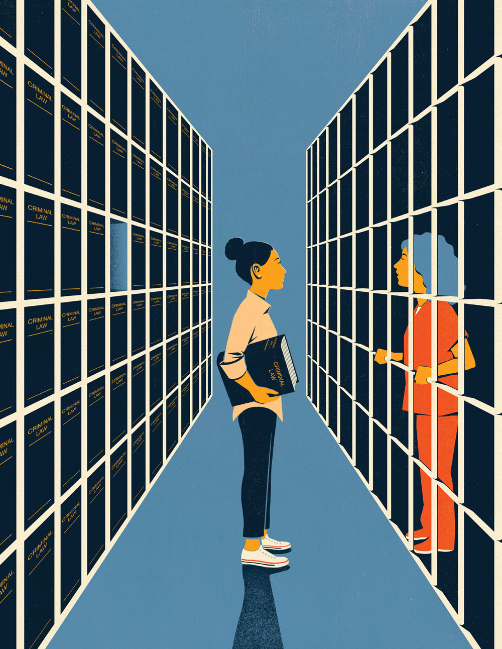 digital illustration of a woman in a prison cell and a woman standing on the outside of the cell holding a Criminal Law book