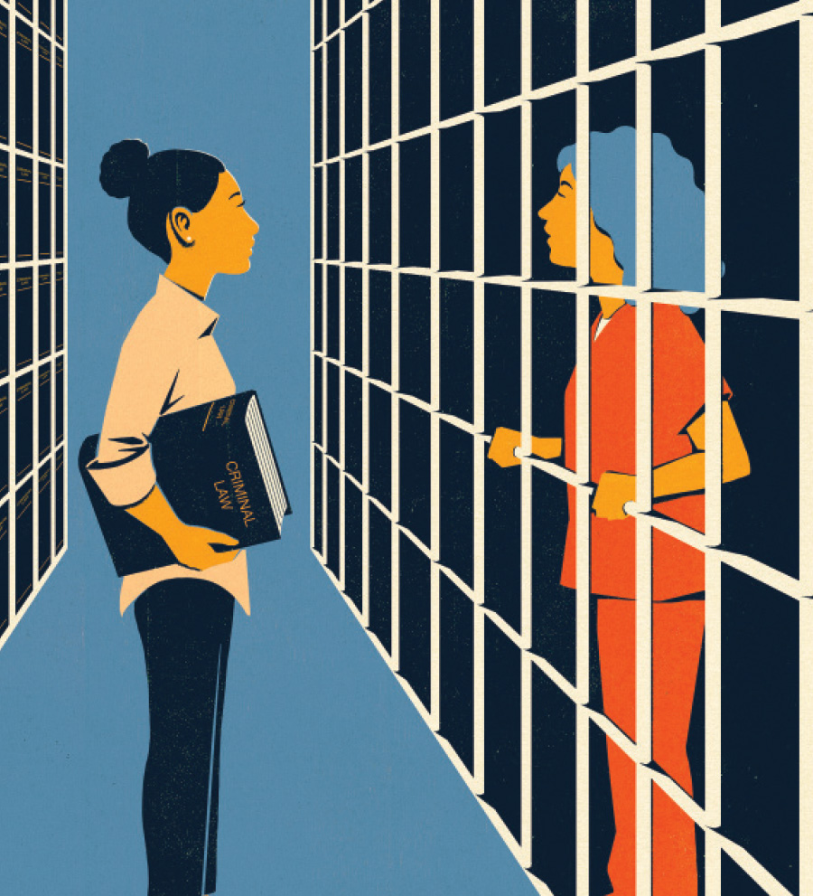 digital illustration of women behind bars speaking to woman outside holding book
